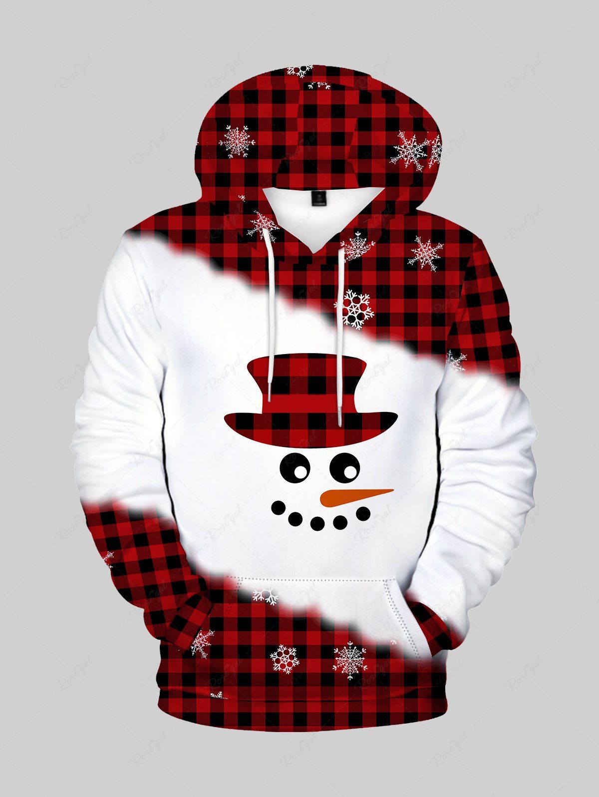 Online Mens Christmas Snowman Plaid Print Drawstring Hoodie  