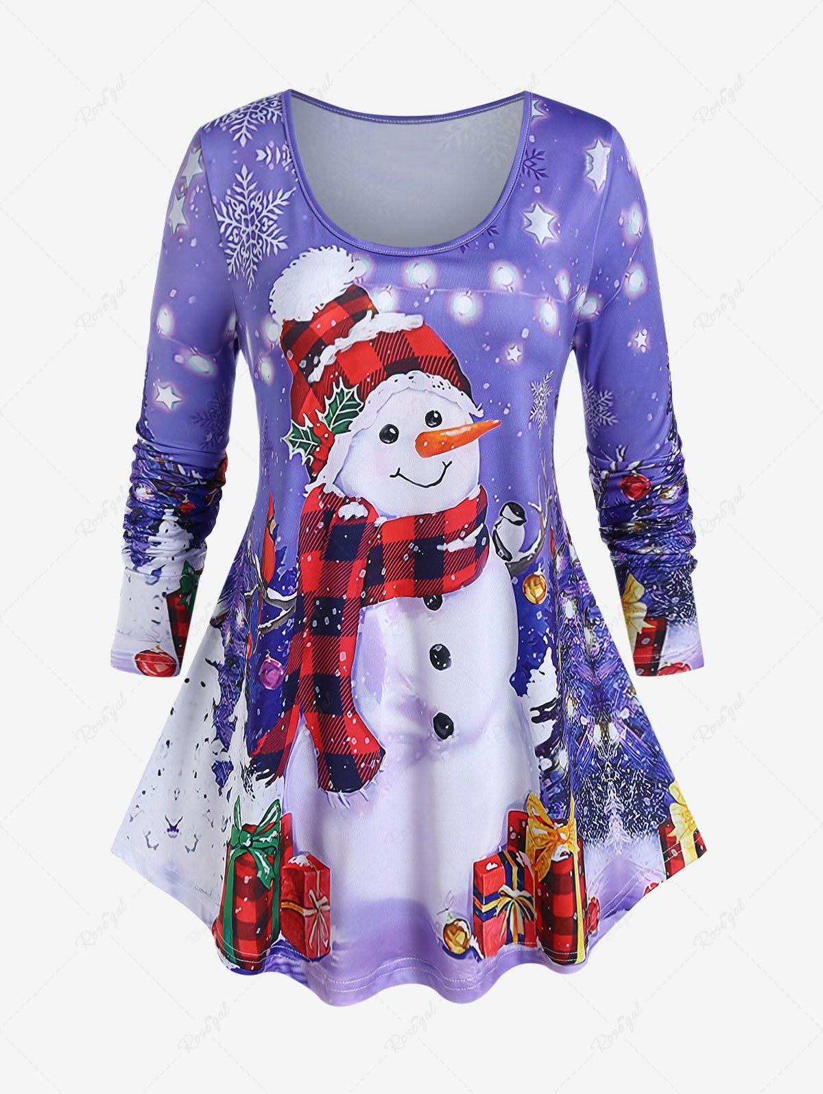 T-shirt à Imprimé Sapin de Noël Bonhomme de Neige et Flocon de Neige de Grande Taille à Manches Longues Pourpre  5x | US 30-32