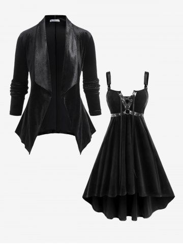 Gothic Lace Up Grommets High Low Velvet Dress and Open Front Shawl Neck Velour Blazer Outfit