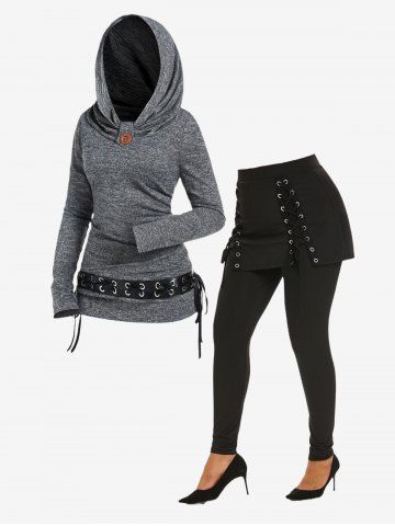 Gothic Hooded Lace-up Grommet Space Dye Knit Top and Lace Up Skirted Pants Outfit