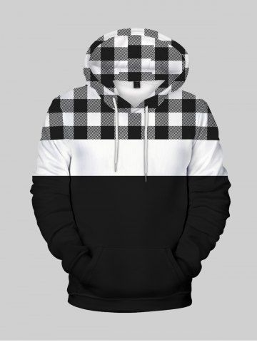 Mens Checked Colorblock Front Pocket Flocking Lined Hoodie - BLACK - M