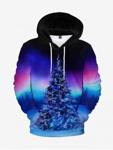 Men Christmas Tree Printed Ombre Flocking Lined Front Pocket Pullover Hoodie - BLUE - M