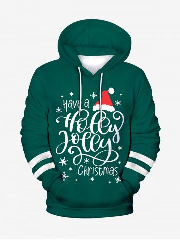Mens Christmas Graphic Front Pocket Striped Detail Hoodie - DEEP GREEN - 2XL