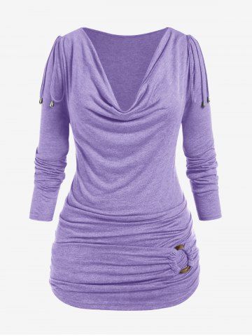 Plus Size Long Sleeve Cowl Neck O Ring Ruched T-shirt - PURPLE - L | US 12
