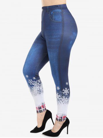 Plus Size Christmas Snowflake Plaid 3D Jeans Printed Jeggings - DEEP BLUE - L | US 12