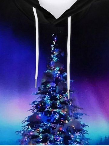 Men Christmas Tree Printed Ombre Flocking Lined Front Pocket Pullover Hoodie