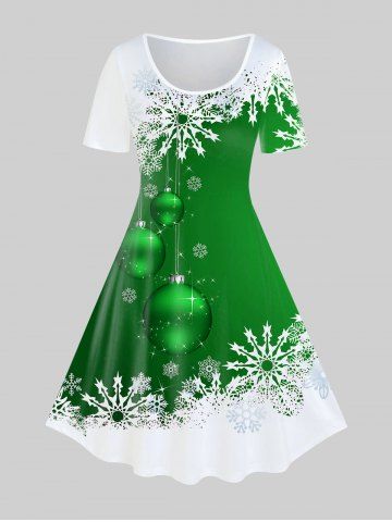 Plus Size Christmas Snowflake Ball Print A Line Dress - DEEP GREEN - L | US 12