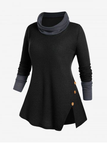 Plus Size Cowl Neck Two Tone Split Hem Knitwear - BLACK - 5XL