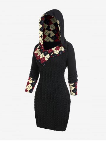 Plus Size Hooded Argyle Cable Knit Sweater Dress - BLACK - 3X | US 22-24