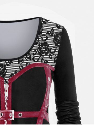 Gothic 3D Zipper Buckles Rose Printed Long Sleeves Tee
