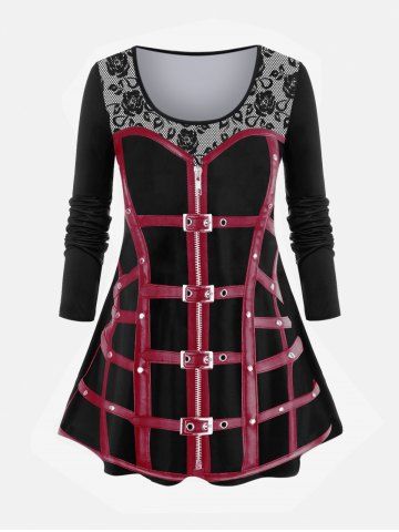Gothic 3D Zipper Buckles Rose Printed Long Sleeves Tee