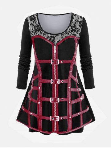 Gothic 3D Zipper Buckles Rose Printed Long Sleeves Tee - DEEP RED - 4X | US 26-28