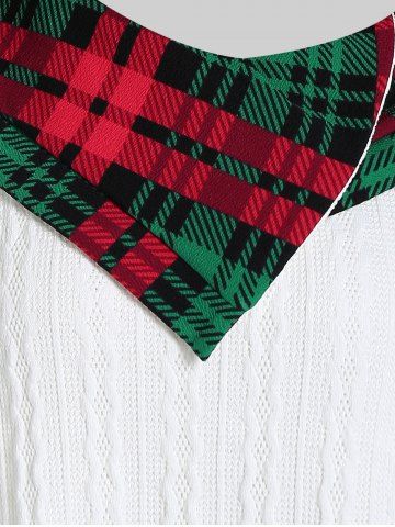 Plus Size Plaid Panel Cable Knit Hooded Knitwear