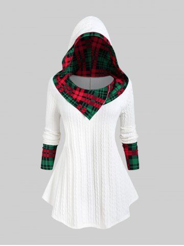 Plus Size Plaid Panel Cable Knit Hooded Knitwear