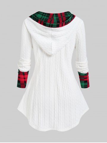 Plus Size Plaid Panel Cable Knit Hooded Knitwear