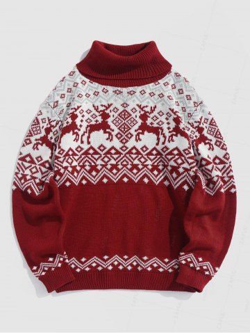 Turtleneck Elk Geometric Christmas Pullover Sweater - RED - M