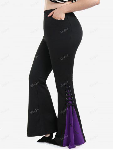 Gothic Lace Up Two Tone Godet Hem Pull On Flare Pants - PURPLE - 5X | US 30-32