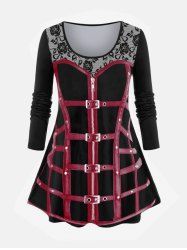 Gothic 3D Zipper Buckles Rose Printed Long Sleeves Tee -  