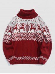 Turtleneck Elk Geometric Christmas Pullover Sweater -  