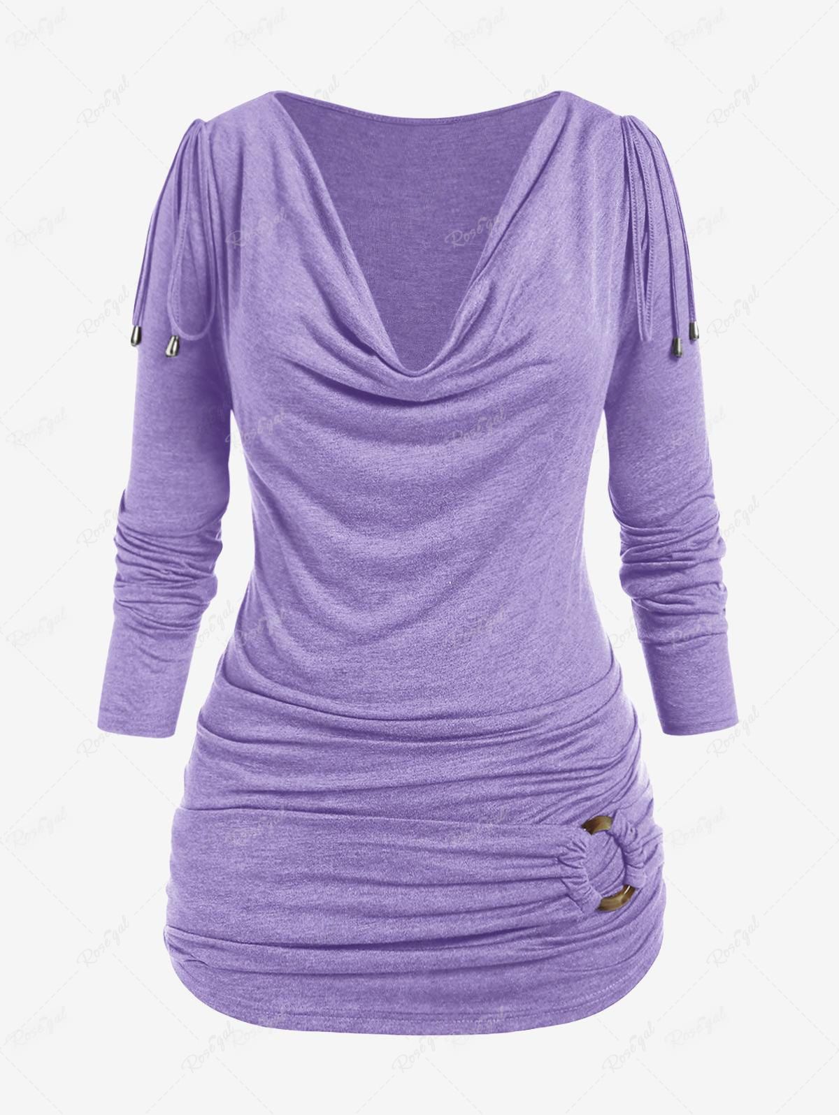 Hot Plus Size Long Sleeve Cowl Neck O Ring Ruched T-shirt  