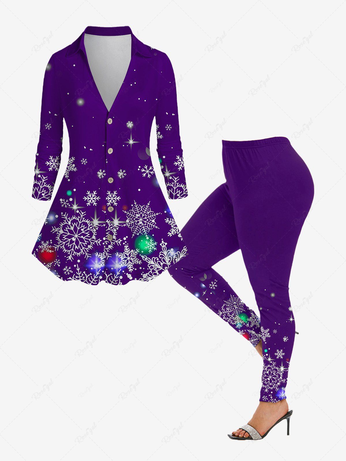 Sale Christmas Snowflake Print Button Up Shirt and Skinny Leggings Plus Size Fall Outfit  