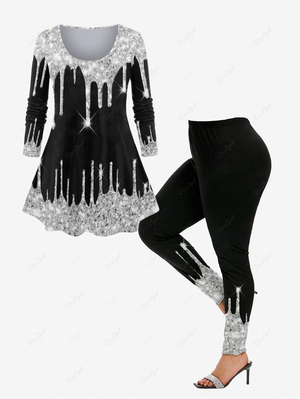Latest 3D Sparkles Paint Drop Blobs Printed Tee and Leggings Plus Size Outfit  