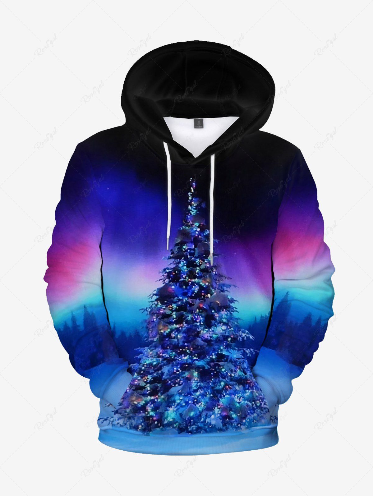 Best Men Christmas Tree Printed Ombre Flocking Lined Front Pocket Pullover Hoodie  