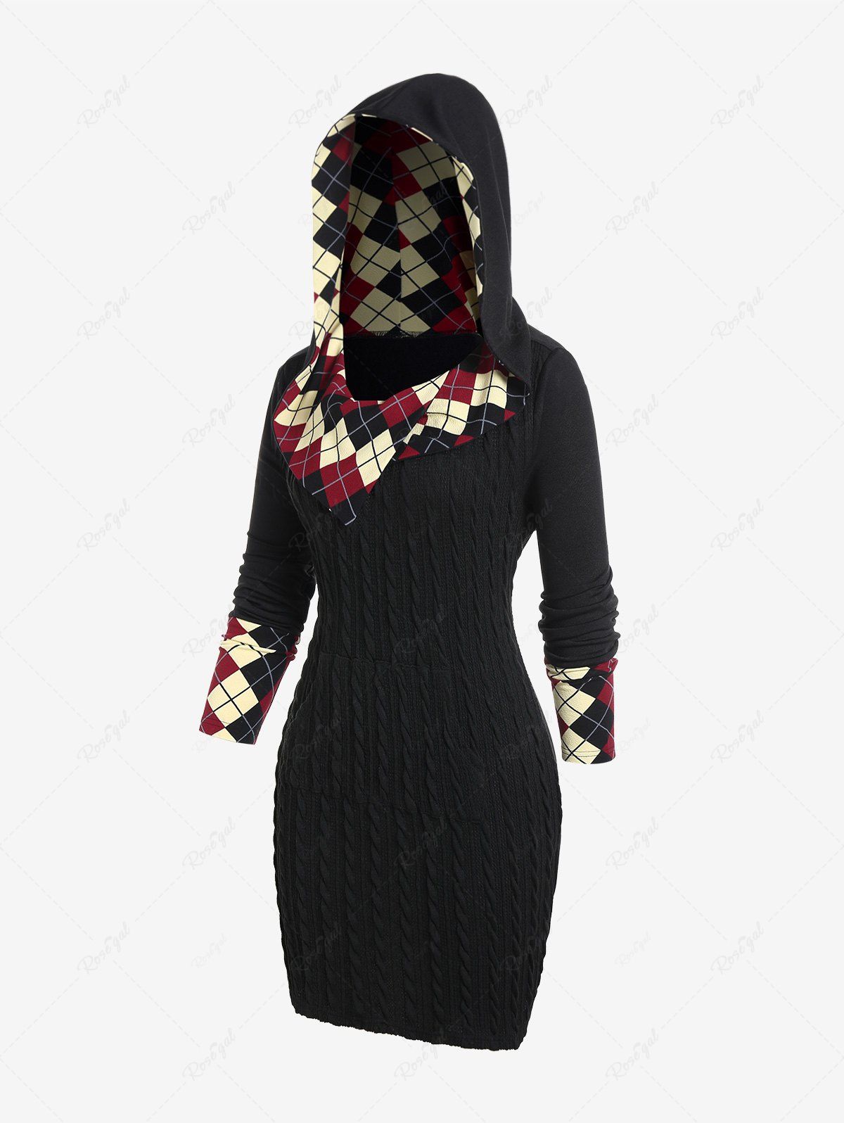 Discount Plus Size Hooded Argyle Cable Knit Sweater Dress  