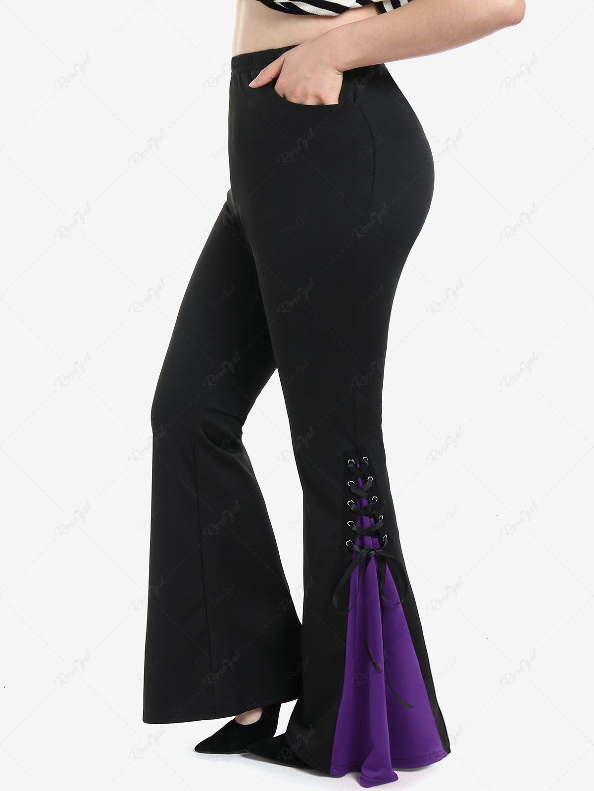 Pantalon Evasé Bicolore Gothique à Lacets Pourpre  M | US 10