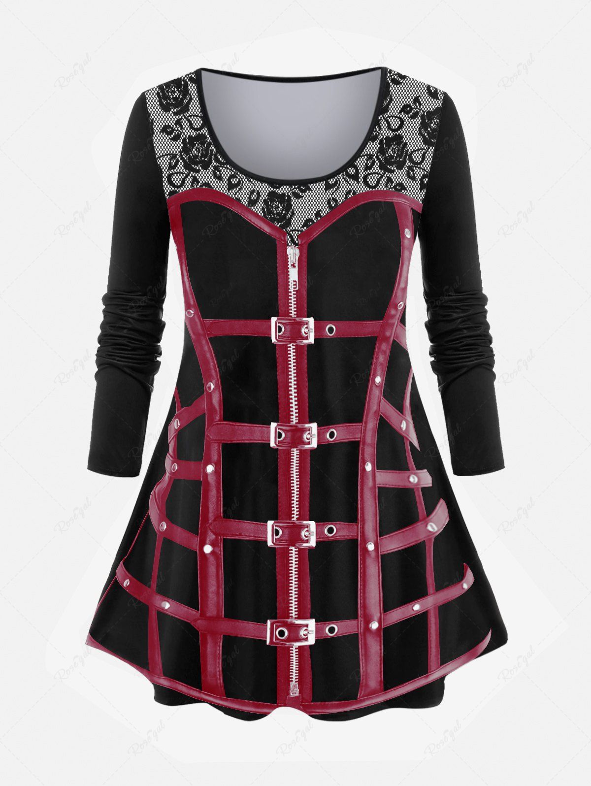 Affordable Gothic 3D Zipper Buckles Rose Printed Long Sleeves Tee  