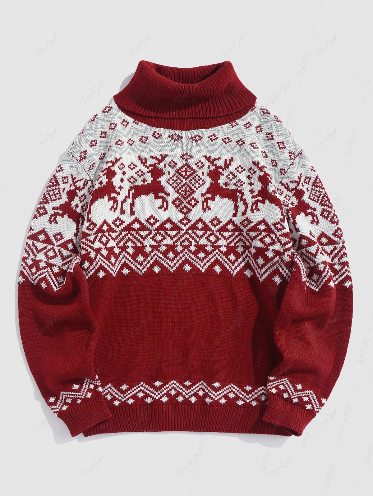 Unique Turtleneck Elk Geometric Christmas Pullover Sweater  