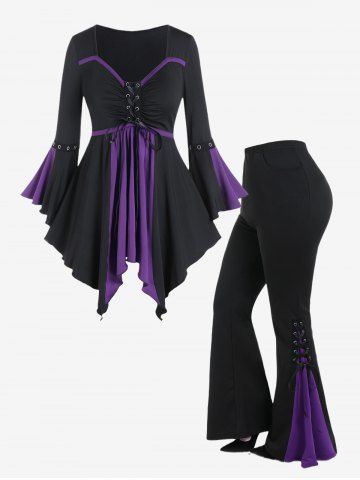 Gothic Flare Sleeves Lace Up Contrast Hanky Hem Tee and Lace Up Contrast Godet Hem Flare Pants Outfit - PURPLE