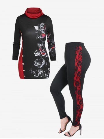 Flower Print Cowl Neck Mock Button Sweatshirt and Lace Panel Rose Colorblock Leggings Plus Size Outerwear Outfit - RED