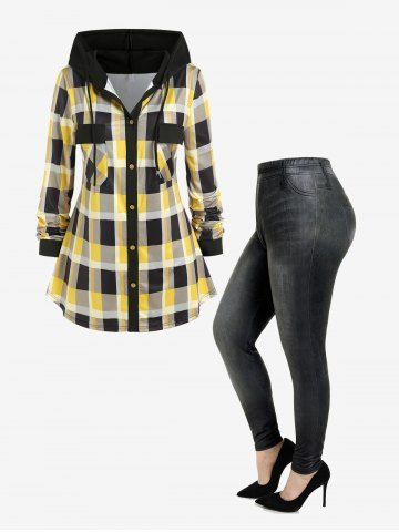 Pockets Plaid Hooded Shirt and 3D Jeans Printed Leggings Plus Size Outfit - YELLOW