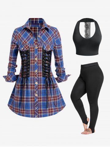 Plaid Lace Up Shacket and Crop Top and Stirrup Leggings Plus Size Outfit - BLUE
