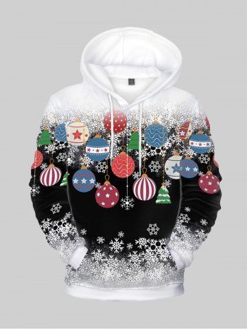 Mens Christmas Snowflake Ball Print Pullover Hoodie - BLACK - 3XL