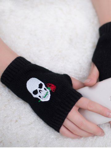 Embroidered Skull Rose Knitted Fingerless Gloves - BLACK