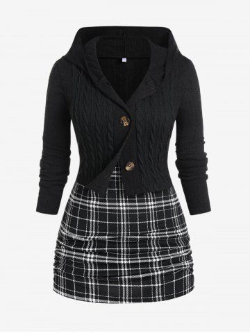 Plus Size Checked Camisole and Hooded Cable Knit Cropped Cardigan - BLACK - M | US 10