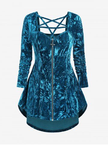 Gothic Crushed Velour Caged Strappy Cutout Zip Front High Low Top - BLUE - M | US 10