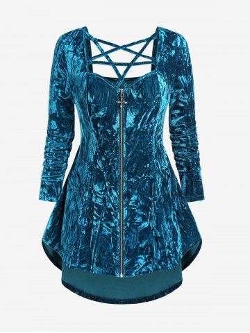 Top Haut Bas Gothique Découpé Zippé en Velours à Bretelle en Cage - BLUE - L | US 12