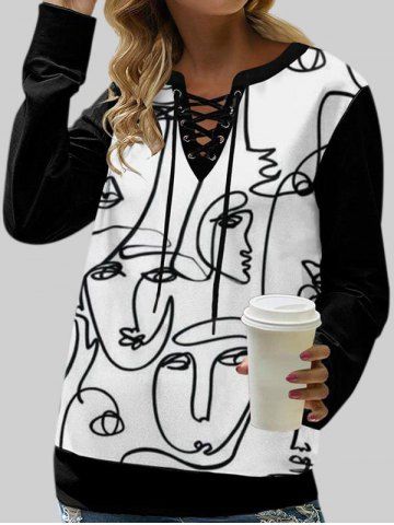Plus Size Portrait Sketch Printed Notched Lace-up Pullover Sweatshirt - WHITE - XL