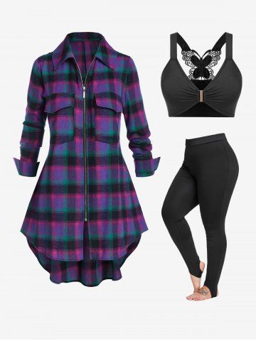Plaid High Low Full Zip Shacket and Lace Butterfly Bra Top and Stirrup Leggings Plus Size Outfit - PURPLE
