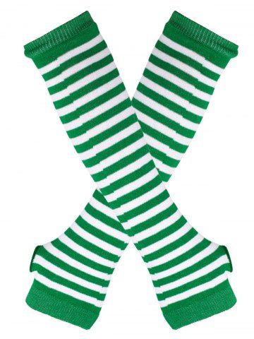 Striped Fingerless Knitted Elbow Gloves - GREEN