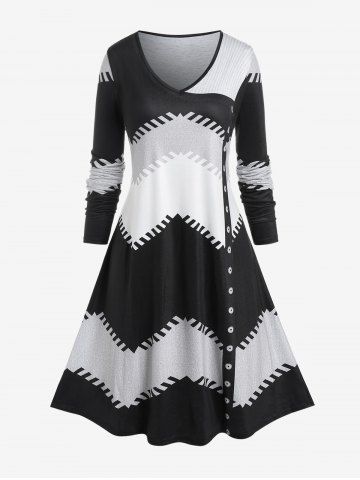 Plus Size V Neck Colorblock Knee Length Dress - BLACK - L