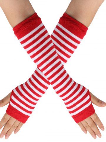Striped Fingerless Knitted Elbow Gloves - RED