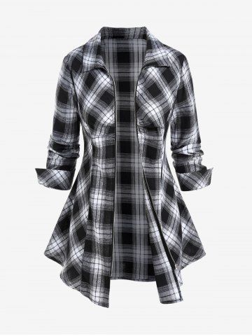 Plus Size Full Zipper Plaid Shirt - BLACK - M | US 10