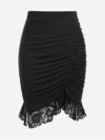 Plus Size Ruched Lace Hem Bodycon Skirt - BLACK - M | US 10