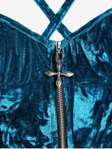 Gothic Crushed Velour Caged Strappy Cutout Zip Front High Low Top