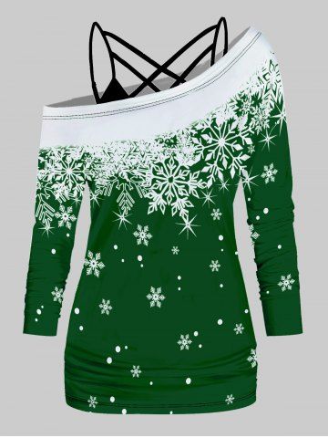 Christmas Snowflake Print Skew Collar Long Sleeve Top And Crisscross Plain Camisole Set - DEEP GREEN - XXL