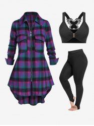 Plaid High Low Full Zip Shacket and Lace Butterfly Bra Top and Stirrup Leggings Plus Size Outfit -  